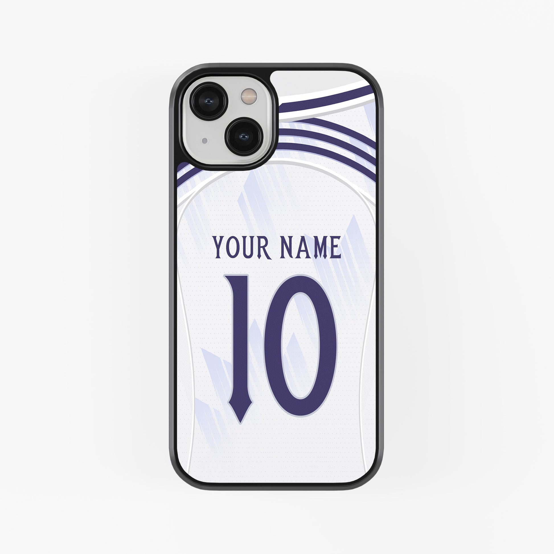 Phone case with customizable name and number on a white background