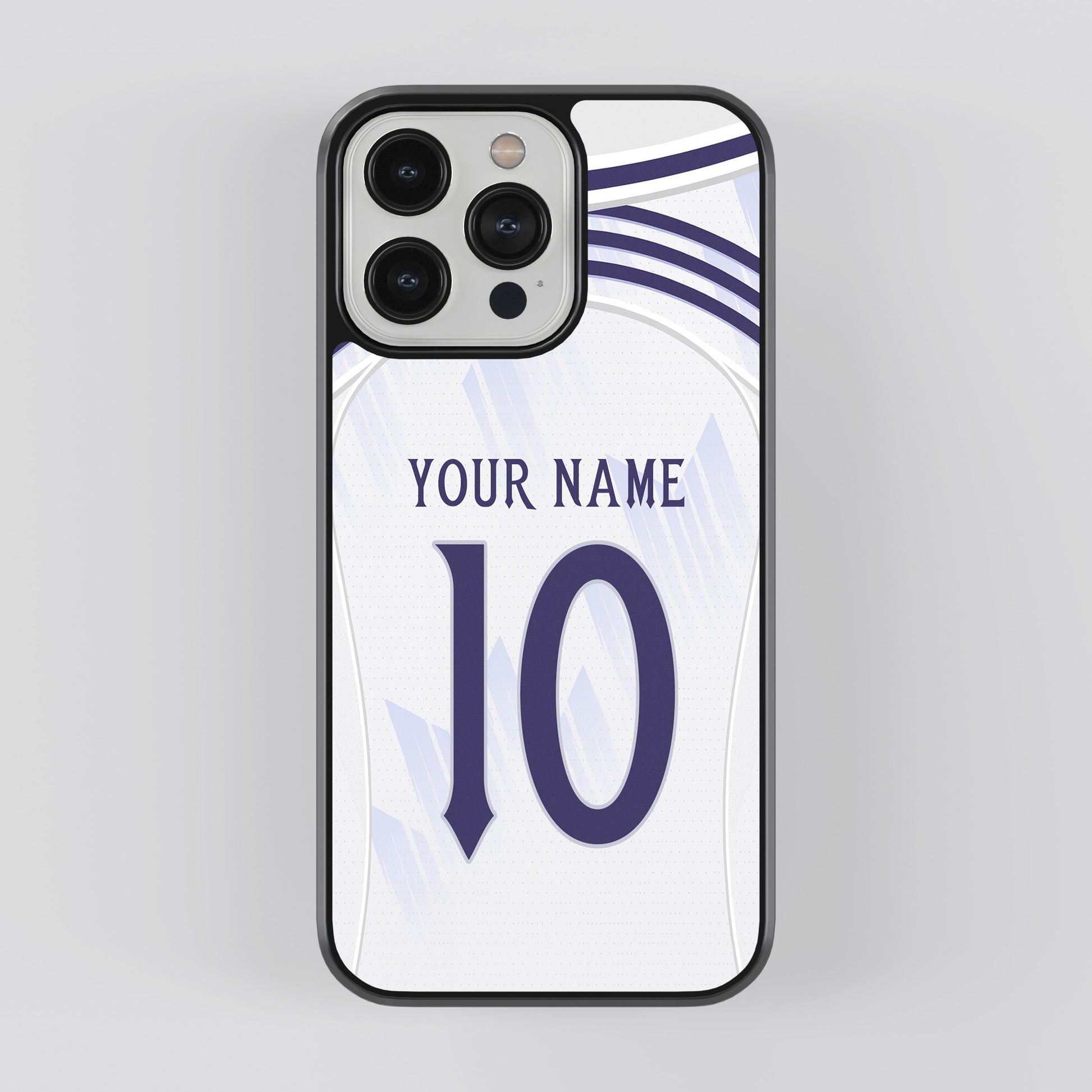 Phone case with customizable text on a light gray background