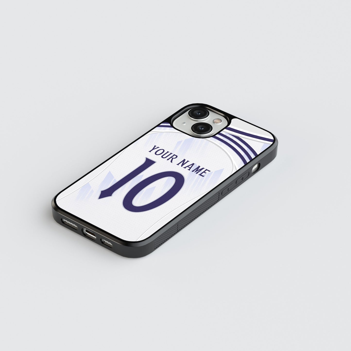 Phone case with customizable name and number on a light gray background