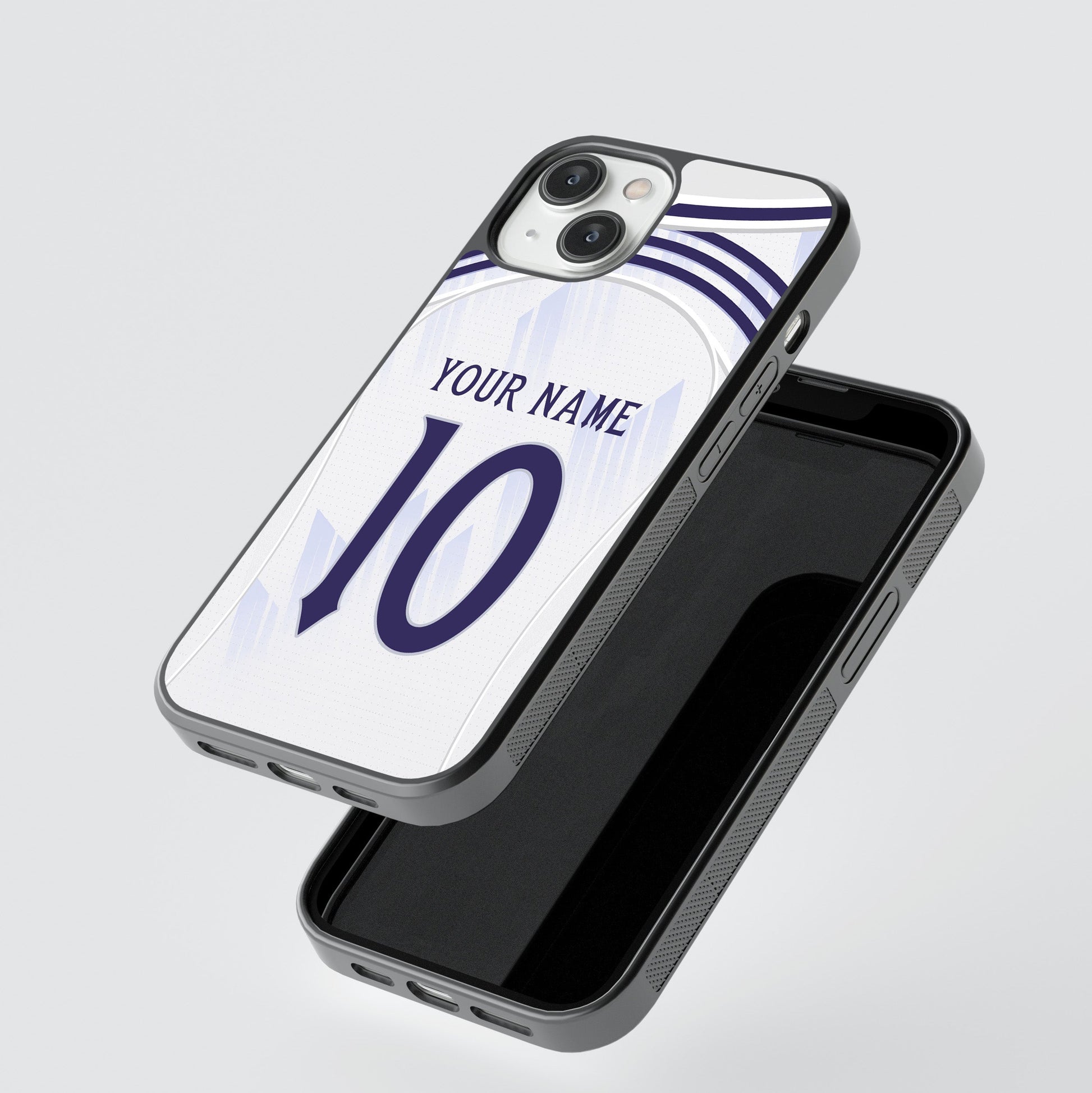 Phone case with customizable name and number on a light gray background