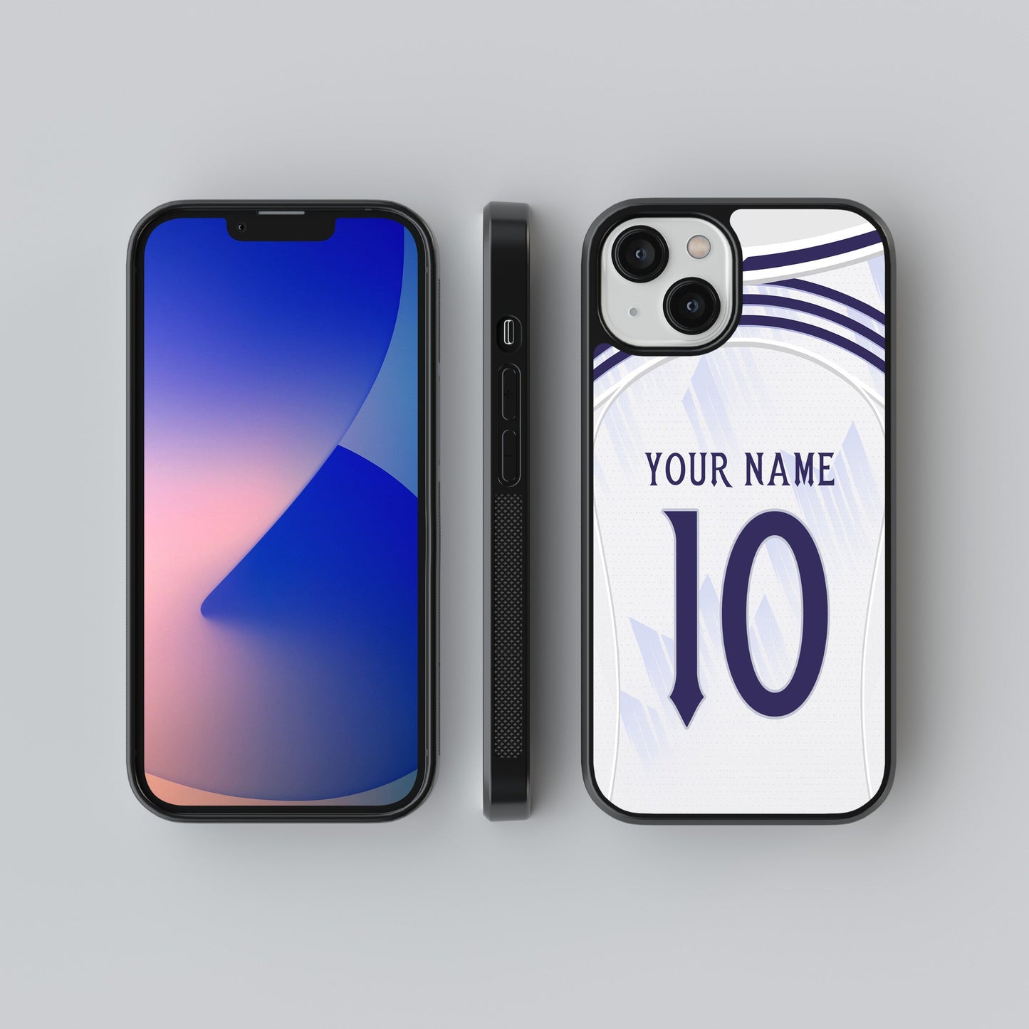 Phone case with customizable name and number design next to a smartphone