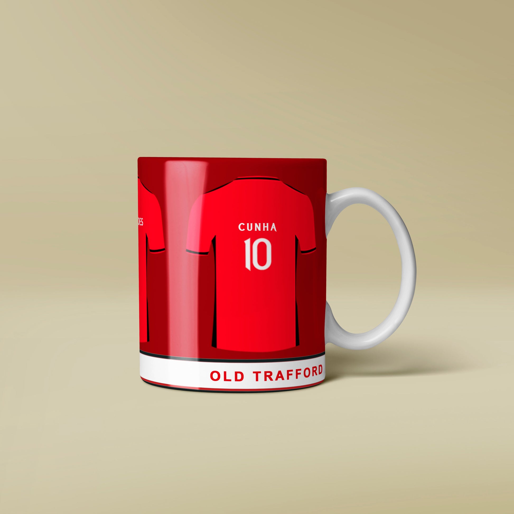 Mug with a red sports jersey design on a beige background