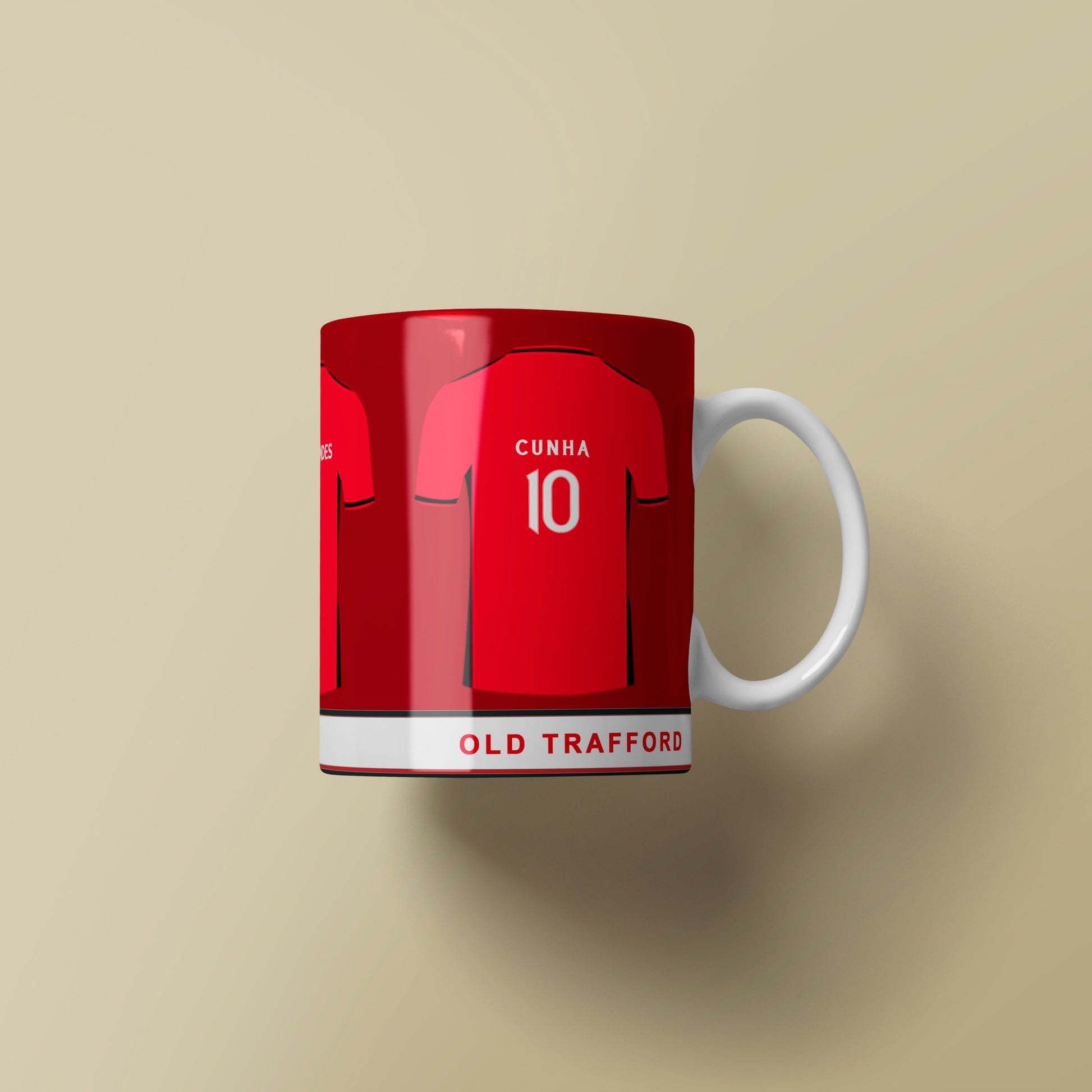 Mug with a red sports jersey design on a beige background