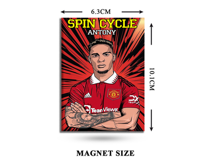 Magnet with a graphic of a person wearing a red sports jersey, labeled 'Spin Cycle Antony', with dimensions indicated.