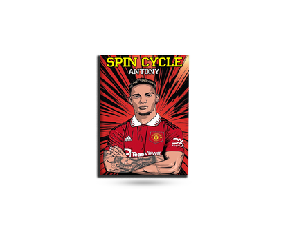 Fridge magnet with a graphic of a person wearing a red sports jersey, set against a red and yellow background with text.
