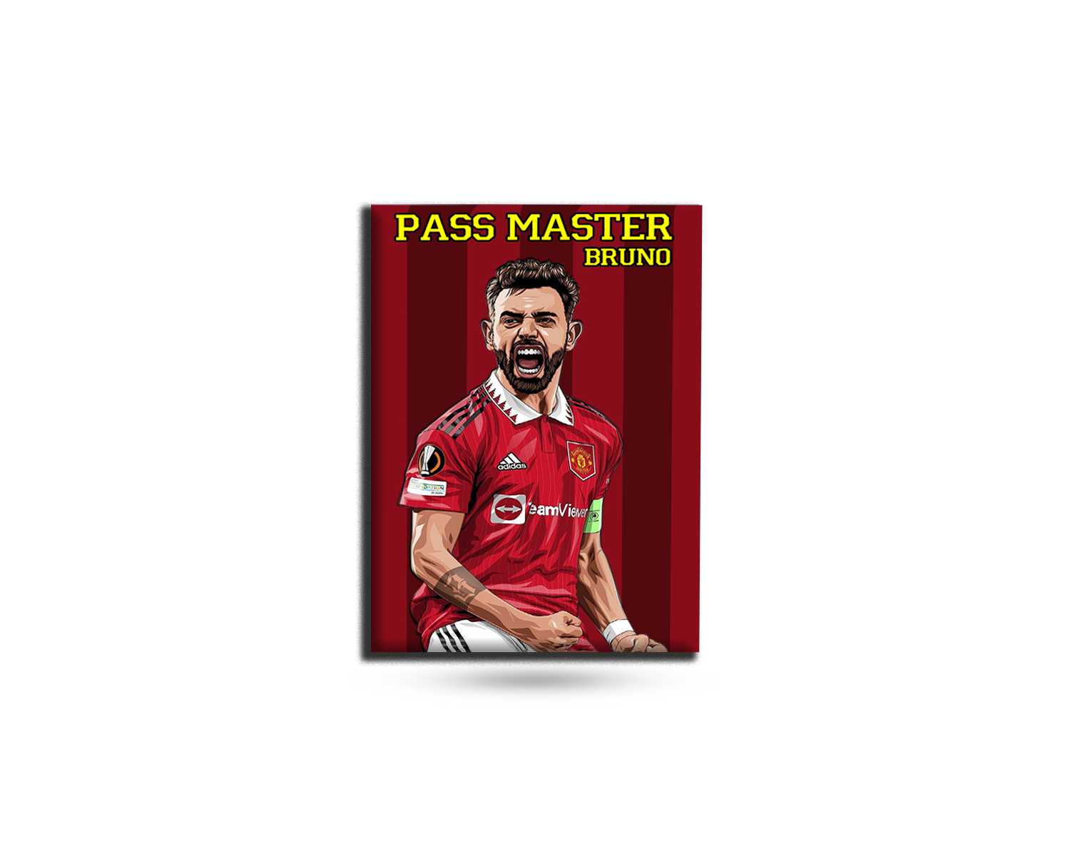 Soccer player in a red jersey with 'Pass Master Bruno' text on a red background