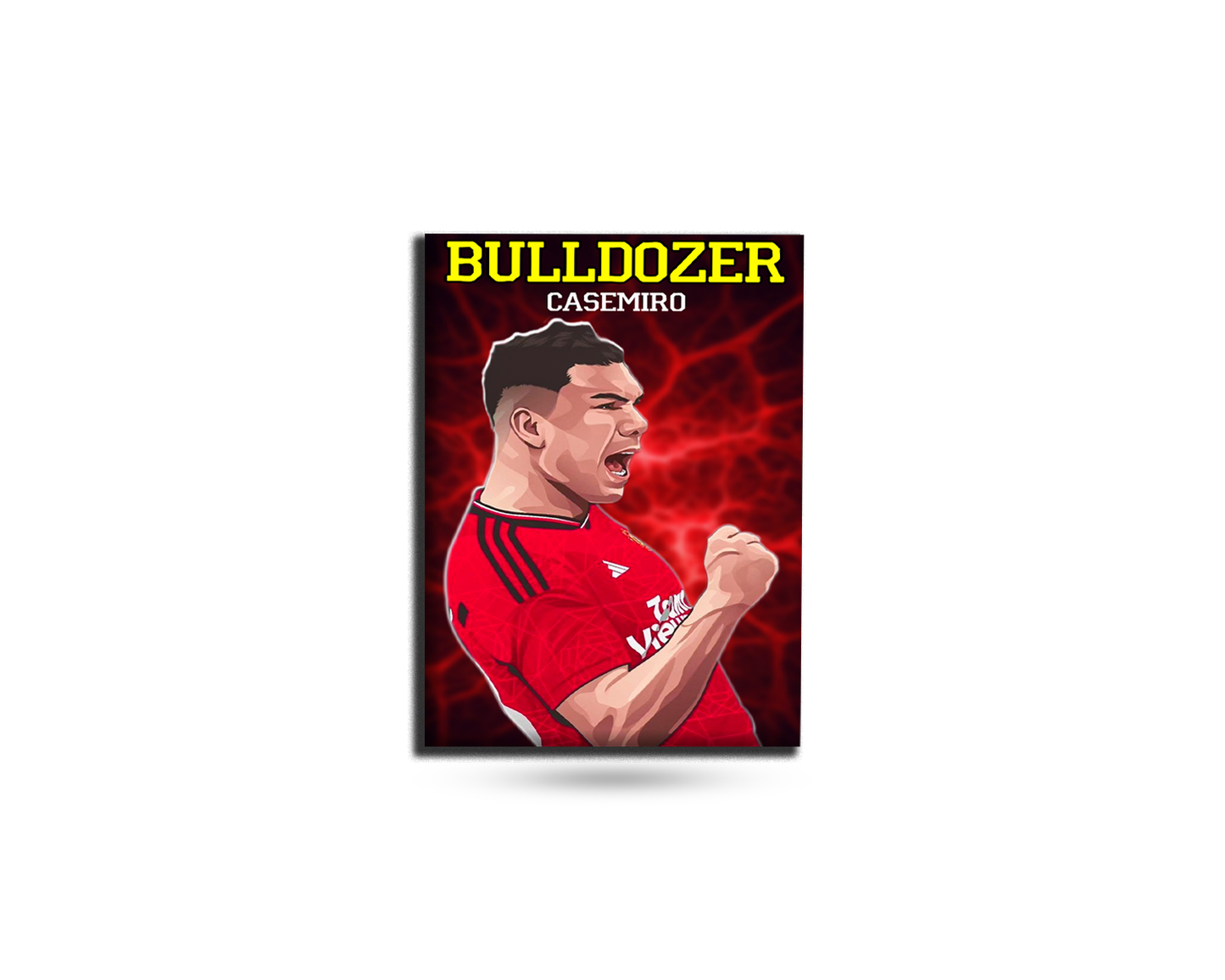 Framed picture of a soccer player in a red jersey with 'Bulldozer Casemiro' text on a white background