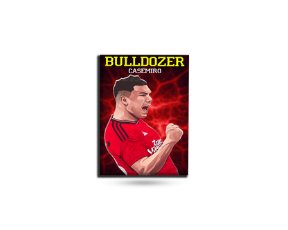 Framed picture of a soccer player in a red jersey with 'Bulldozer Casemiro' text on a white background