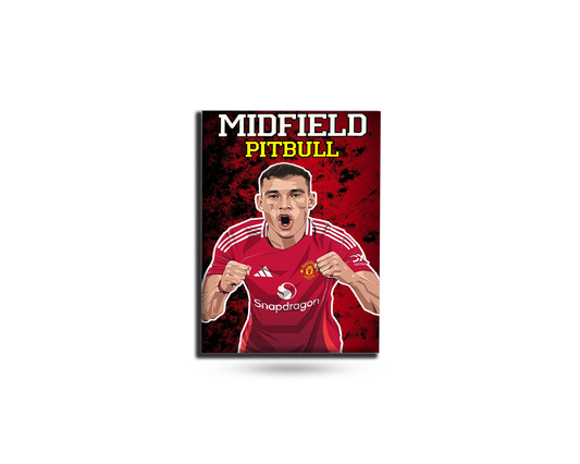 Soccer player in a red jersey with 'Midfield Pitbull' text on a red background