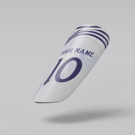 White sports sock with blue accents and customizable text on a gray background