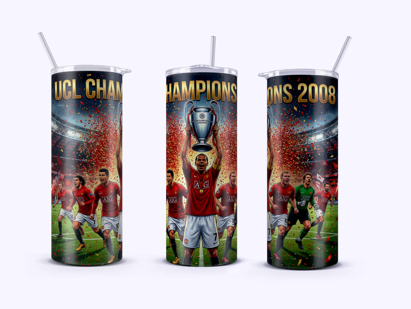 Three tumblers with soccer-themed designs featuring players and a trophy on a white background.