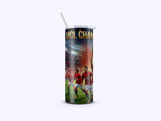 Tumbler with soccer-themed design and 'UCL CHAM' text on a white background