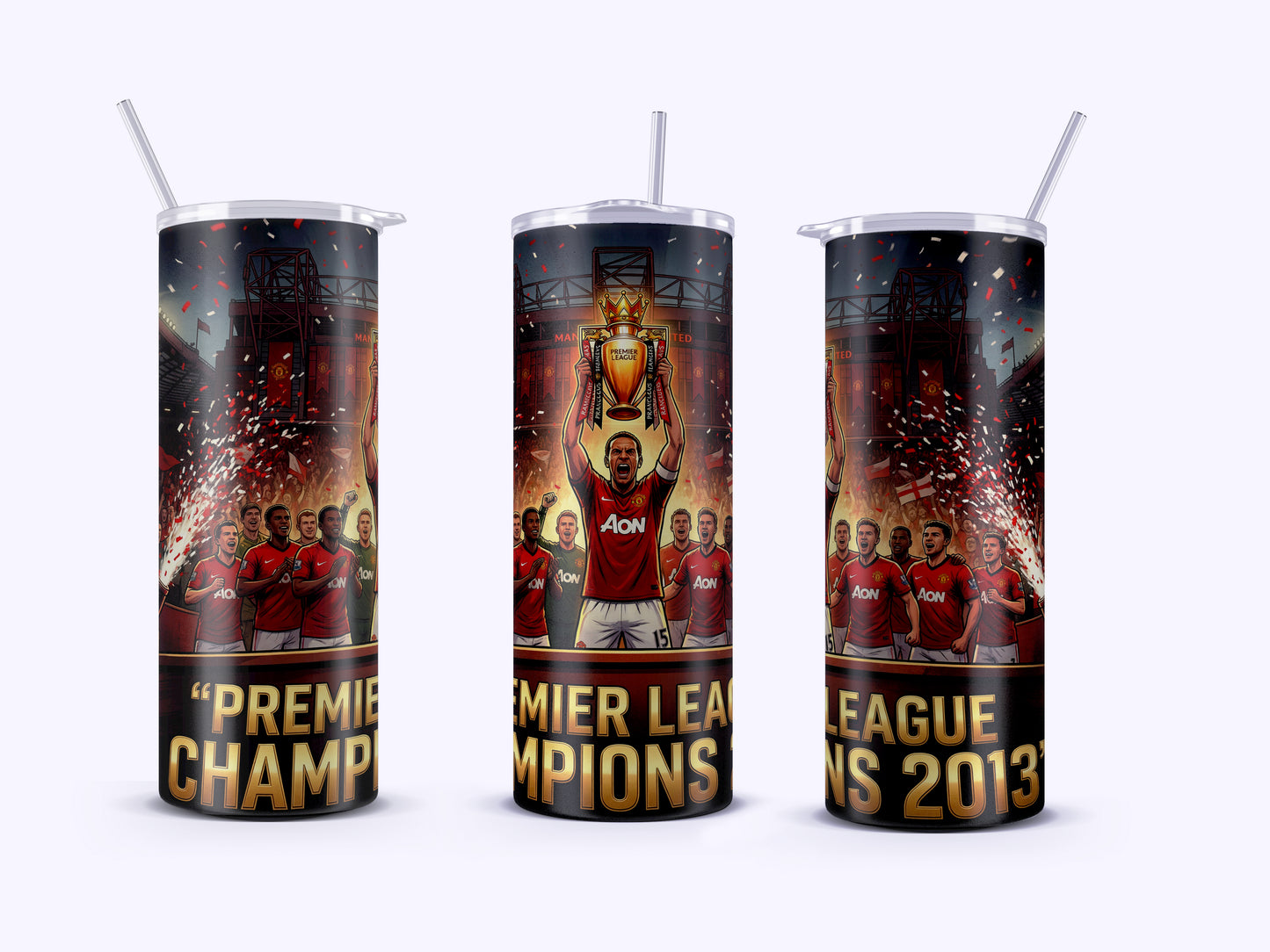 Three tumblers with sports team-themed designs and 'Premier League Champions 2013' text.