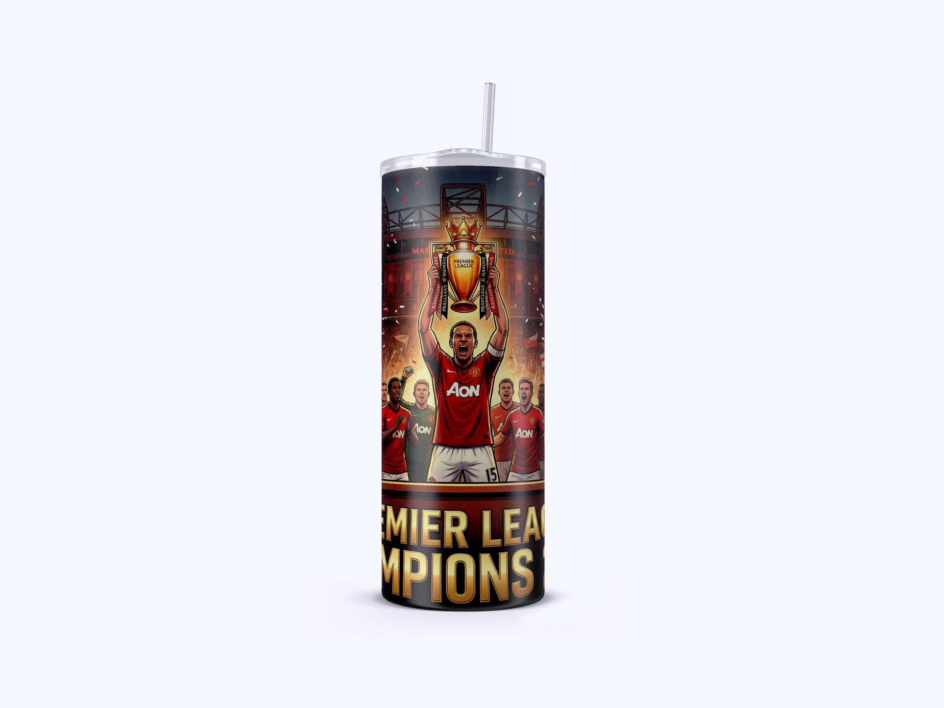 Tumbler with sports team design featuring a player holding a trophy and text 'Premier League Champions' on a white background.