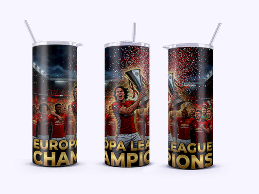 Three tumblers with soccer-themed designs and 'Europa League Champions' text on a white background.