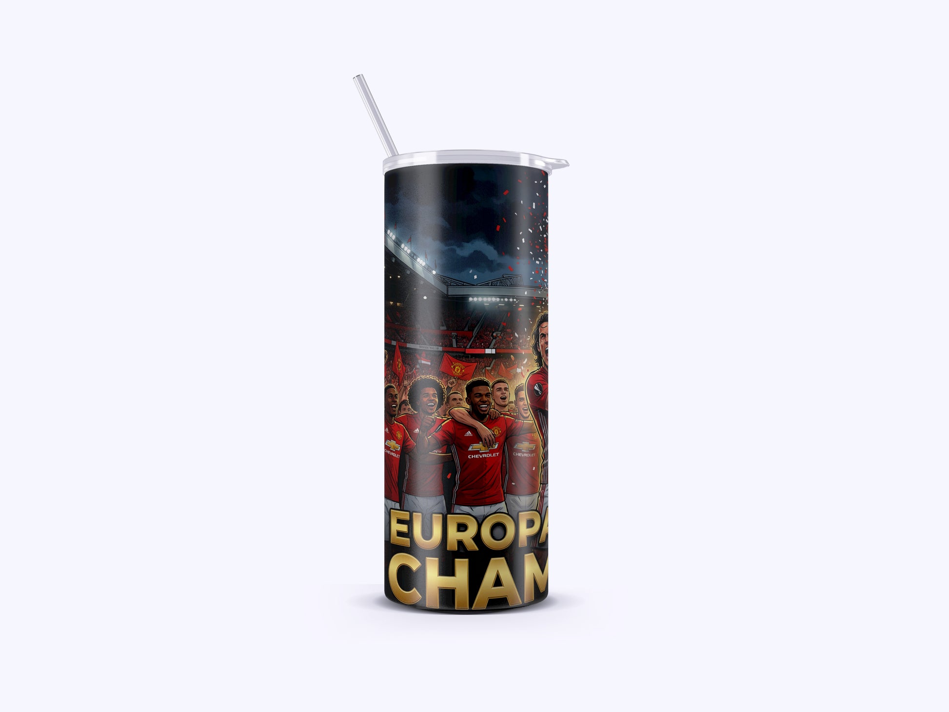 Tumbler with sports-themed design and 'Europe's Champions' text on a white background