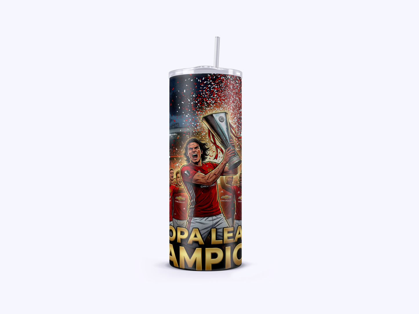 Tumbler with a soccer player holding a trophy and 'Copa Leon' text on a white background