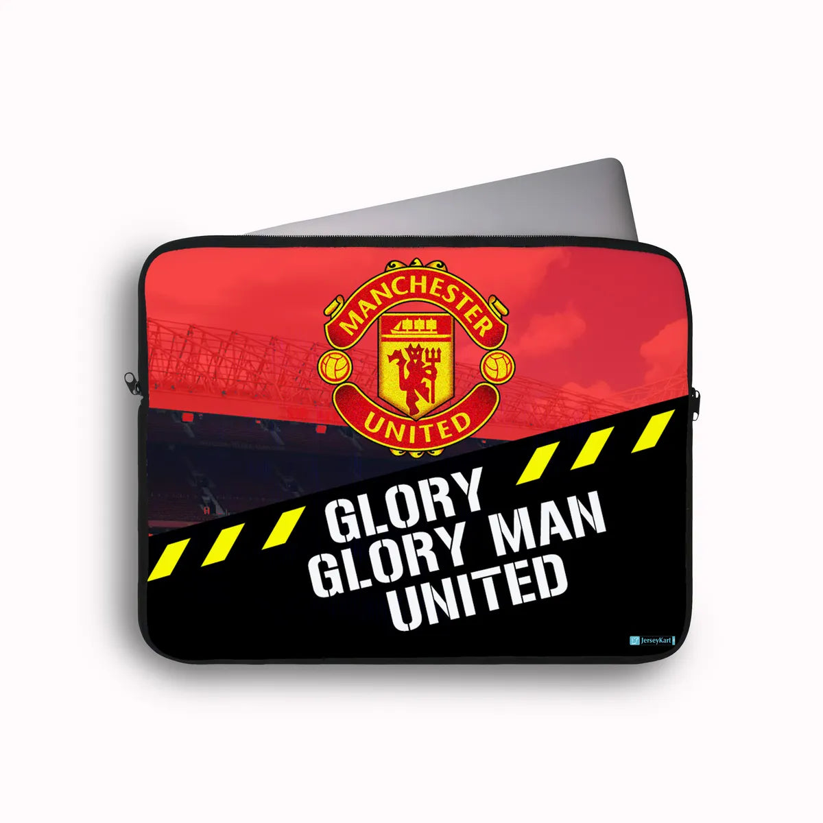 Manchester United laptop sleeve with team logo and text on a white background