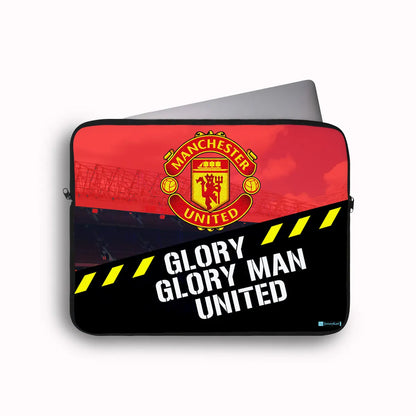 Manchester United laptop sleeve with team logo and text on a white background