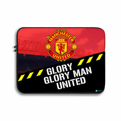 Manchester United-themed laptop sleeve with team logo and text on a red and black background