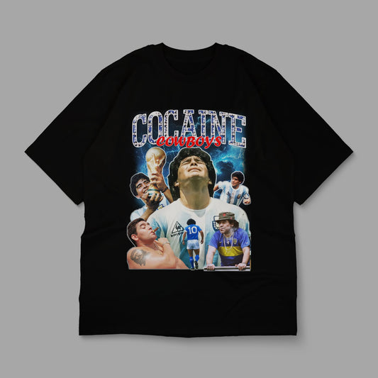 Black t-shirt with colorful graphic and text on a gray background