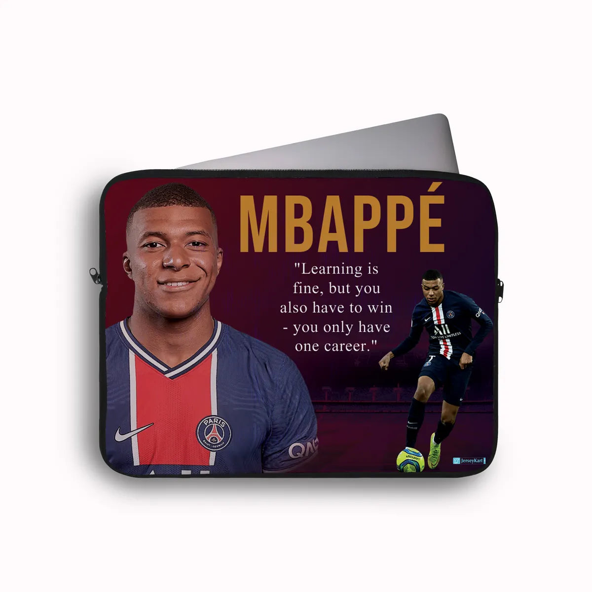 Laptop sleeve with Kylian Mbappé images and text on a white background