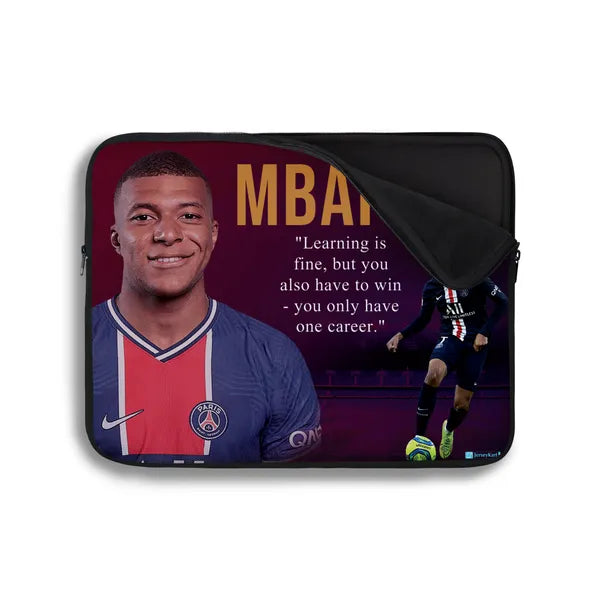 Laptop sleeve with soccer player image and motivational quote on a white background