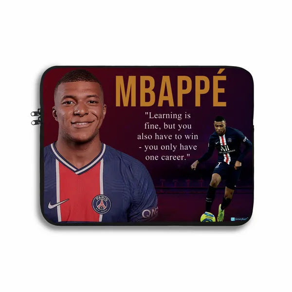 Laptop sleeve with a soccer player and motivational quote on a dark red background
