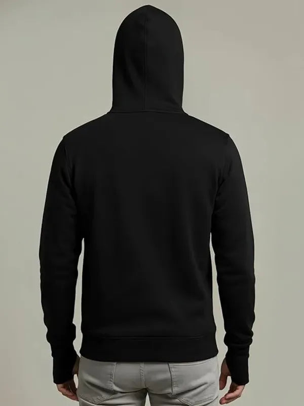 Black hoodie worn by a person on a plain background