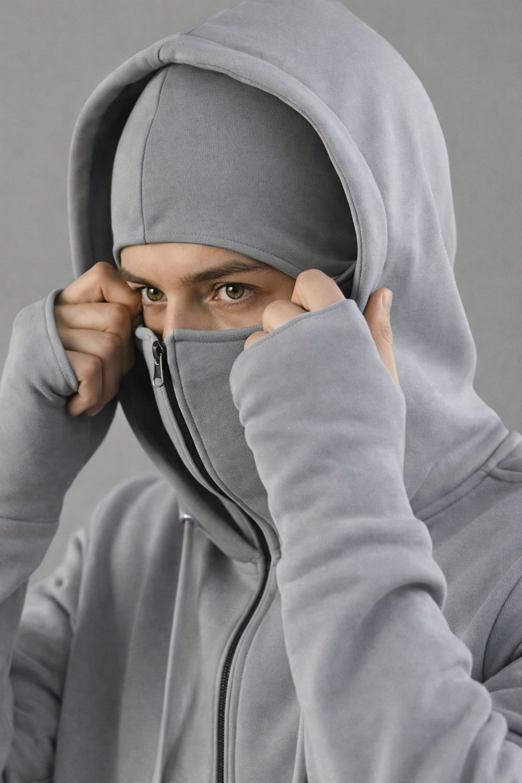 Person wearing a gray hoodie with a zipper, covering their face.