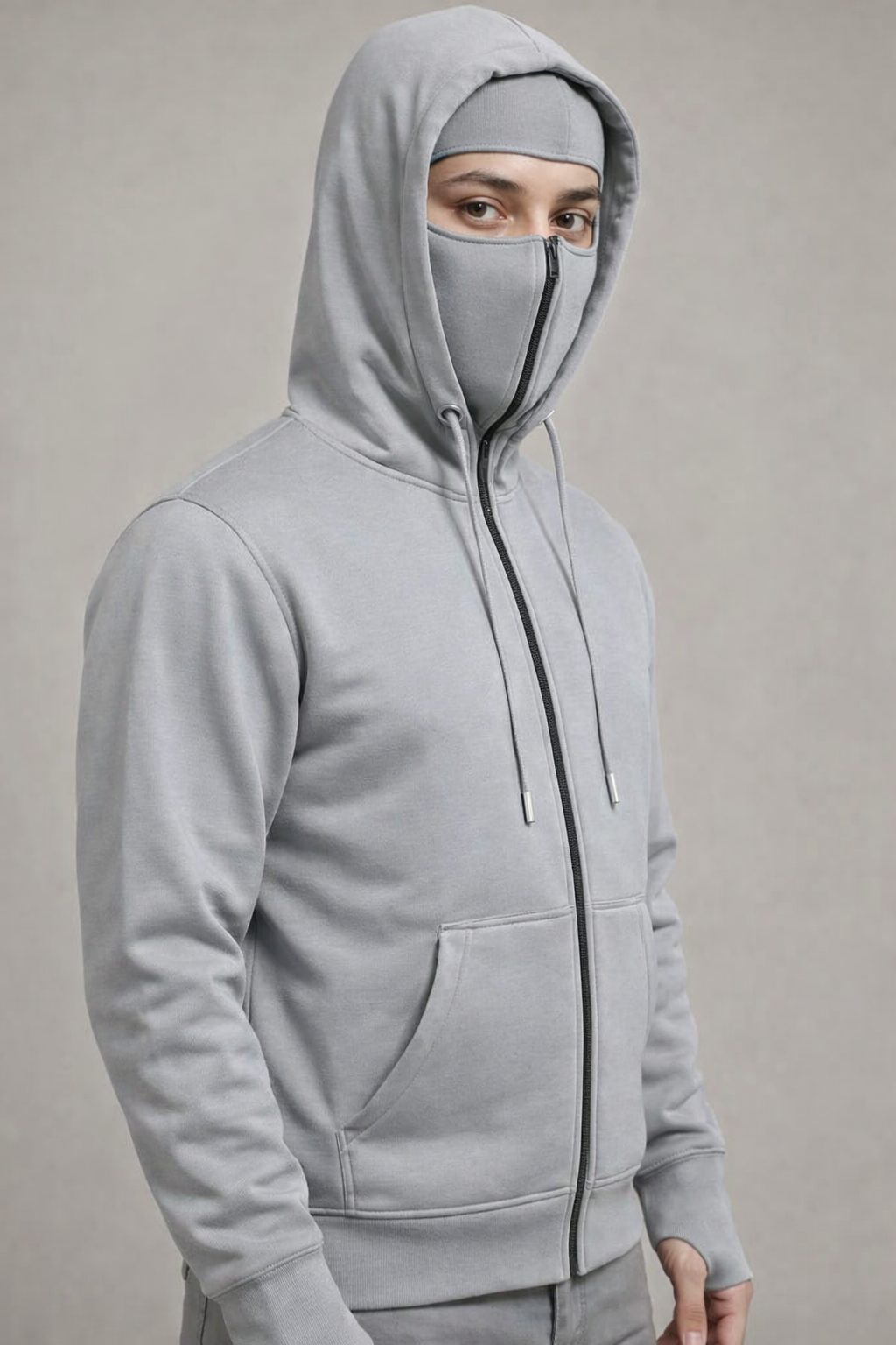 Person wearing a gray hoodie with a face covering on a plain background