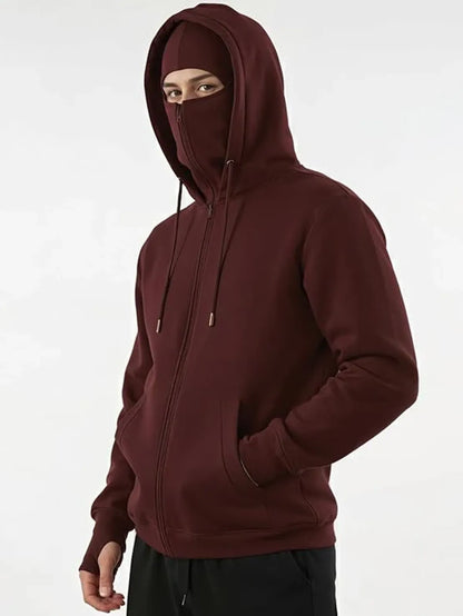 Maroon hoodie with face cover on a white background