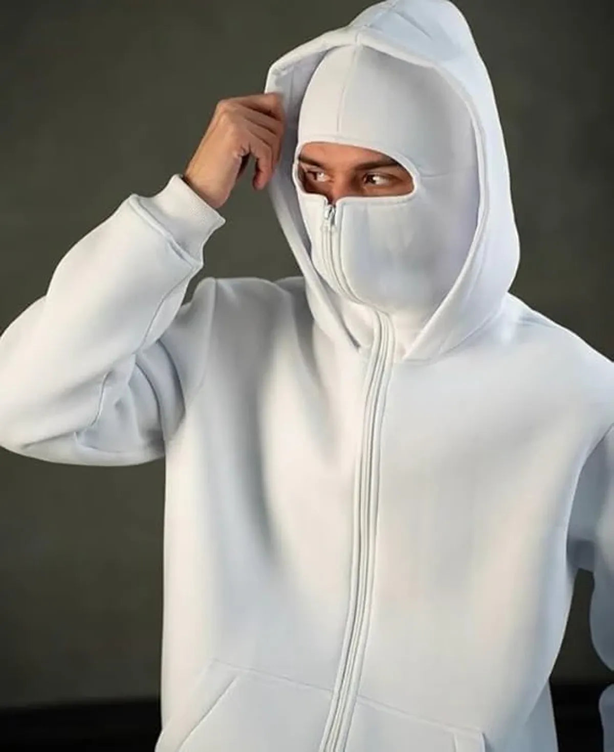 Men's White Full-Zip Balaclava Hoodie with Thumbholes