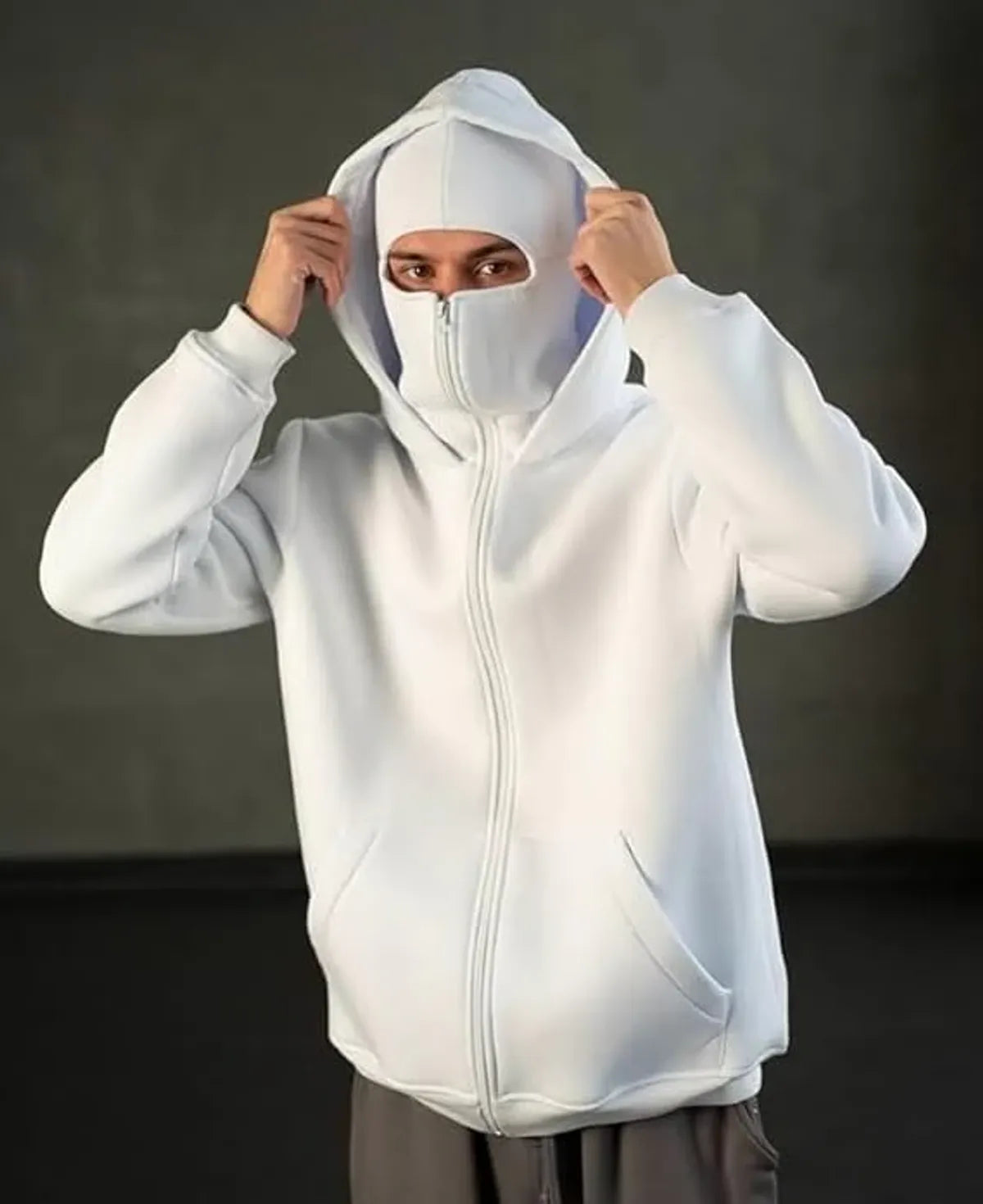 Men's White Full-Zip Balaclava Hoodie with Thumbholes