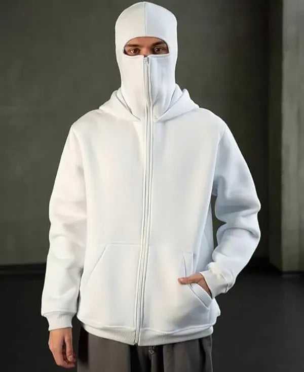 Men's White Full-Zip Balaclava Hoodie with Thumbholes