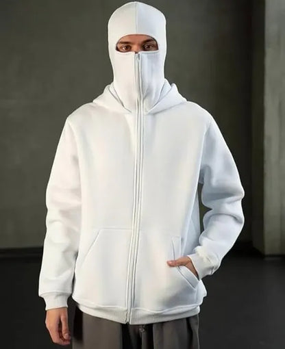 Men's White Full-Zip Balaclava Hoodie with Thumbholes