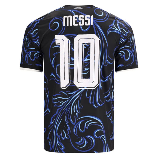 Soccer jersey with blue and white patterns on a black background, featuring the name 'Messi' and number '10'.
