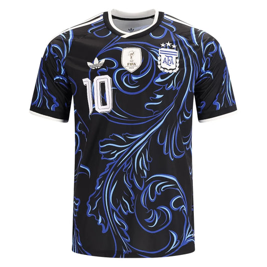 Black sports jersey with blue patterns, Adidas logo, and FIFA badge on a white background