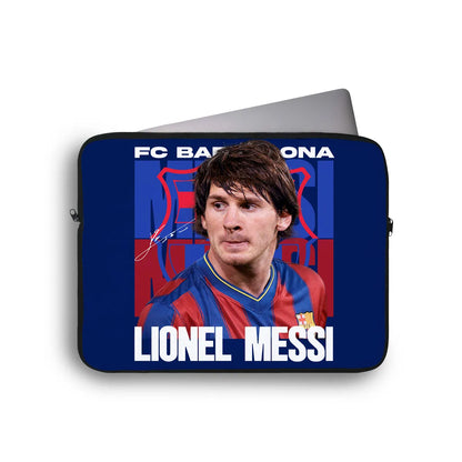 Laptop sleeve with Lionel Messi's image and FC Barcelona logo on a blue background