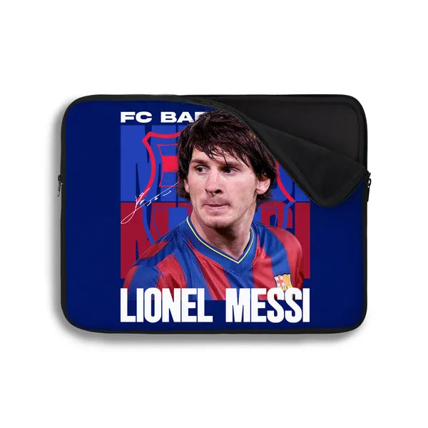 Laptop sleeve with Lionel Messi image and FC Barcelona branding