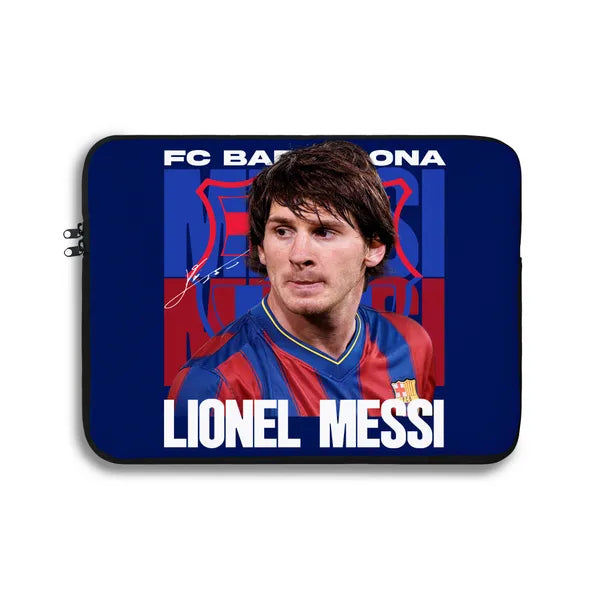 Laptop sleeve with Lionel Messi and FC Barcelona branding on a blue background