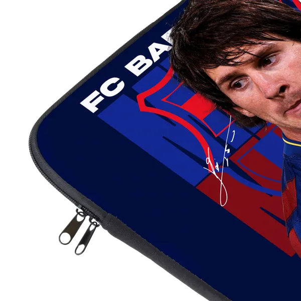 Laptop sleeve with FC Barcelona logo and person wearing a red and blue sports jersey.