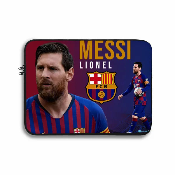 Laptop sleeve with Lionel Messi design featuring Barcelona FC logo