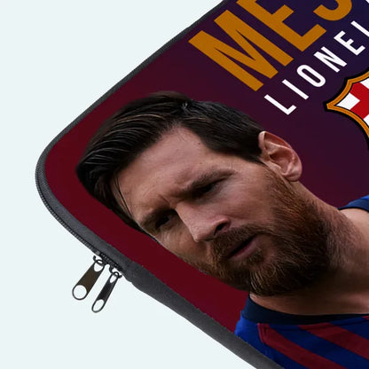 Laptop sleeve with a portrait of a sports figure and branding on a dark background