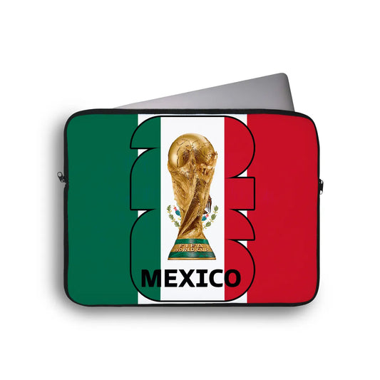 Laptop sleeve with Mexican flag design and World Cup trophy on a white background