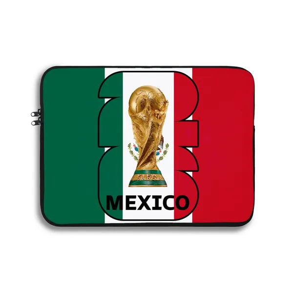 Laptop sleeve with Mexican flag design and World Cup trophy, featuring the word 'Mexico'.