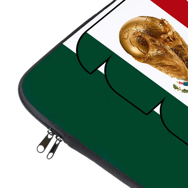 Laptop sleeve with Mexican flag design and gold soccer ball on green section