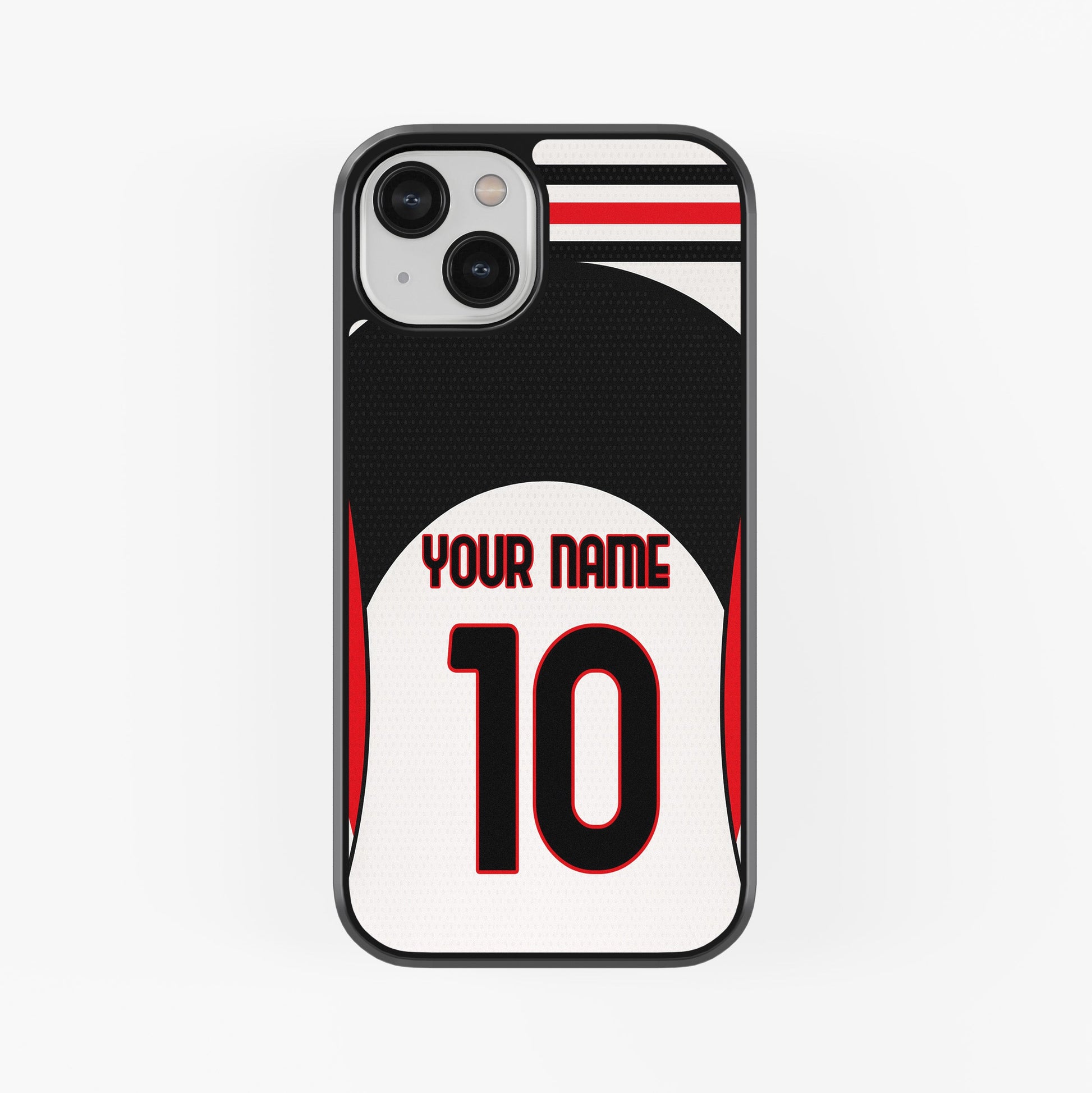 Phone case with customizable name and number design on a white background
