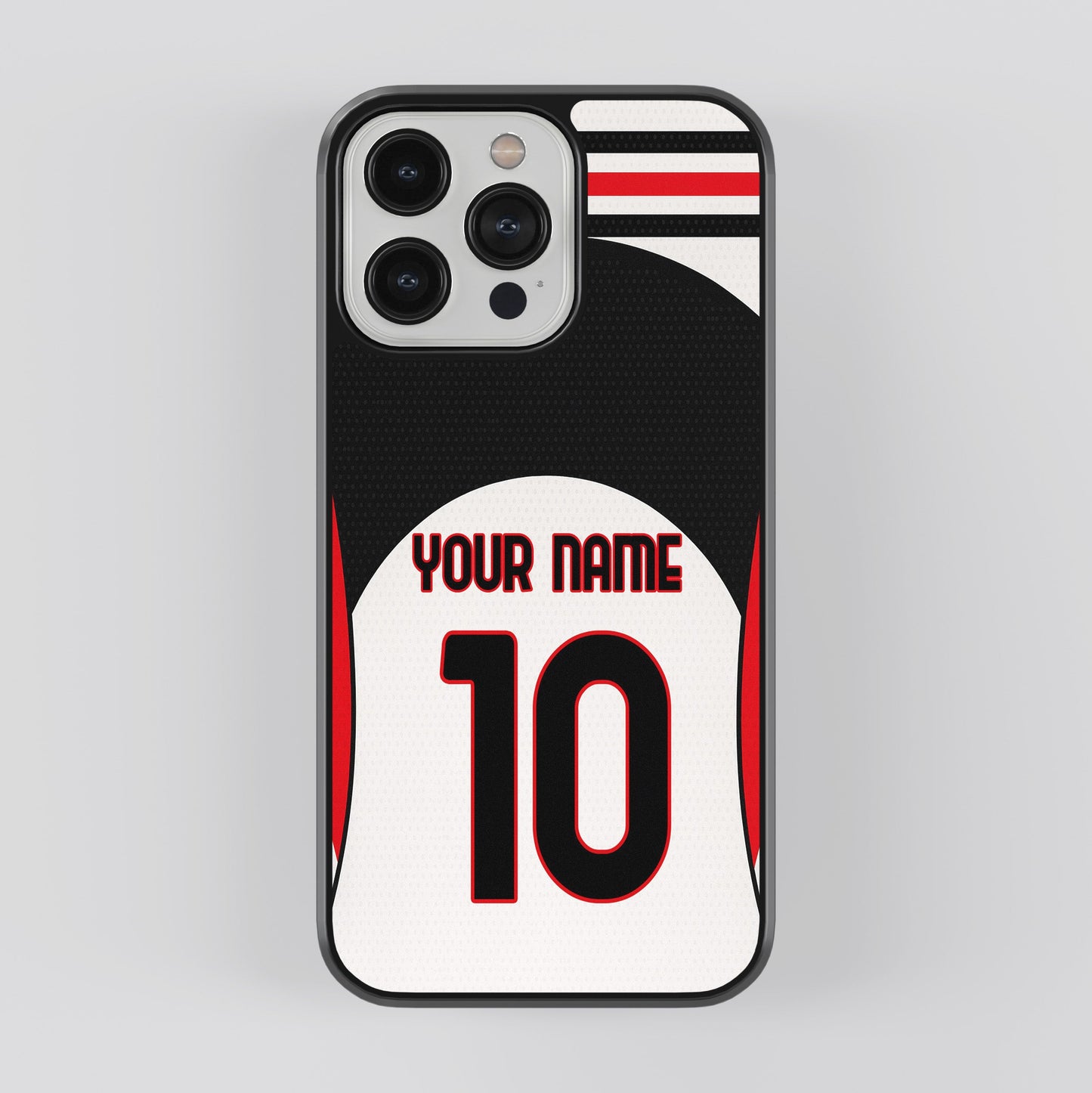 Phone case with customizable name and number on a gray background