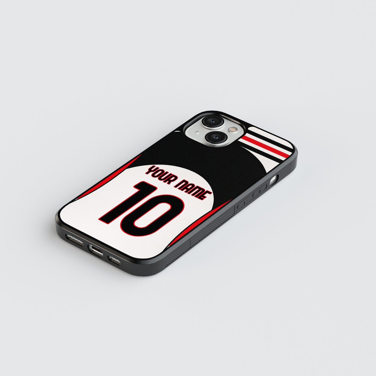 Phone case with customizable text on a light gray background